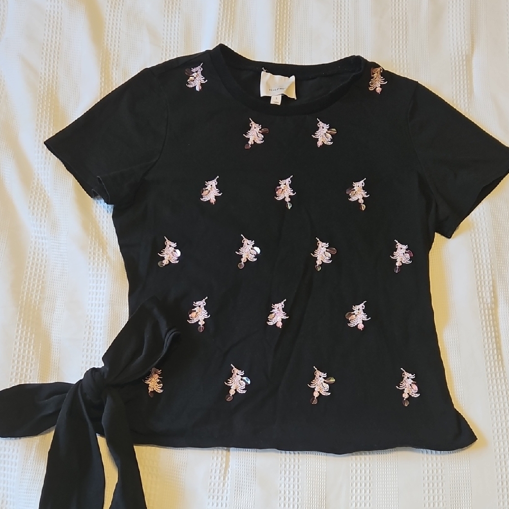 Cinq A Sept Black Tee With Side Bow And Pink Beading